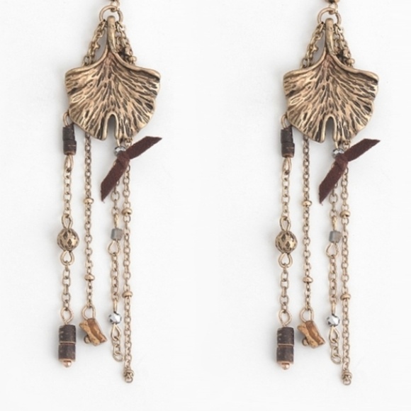 Gingko Leaf Dangle Earrings Jasper Stone - Picture 5 of 5